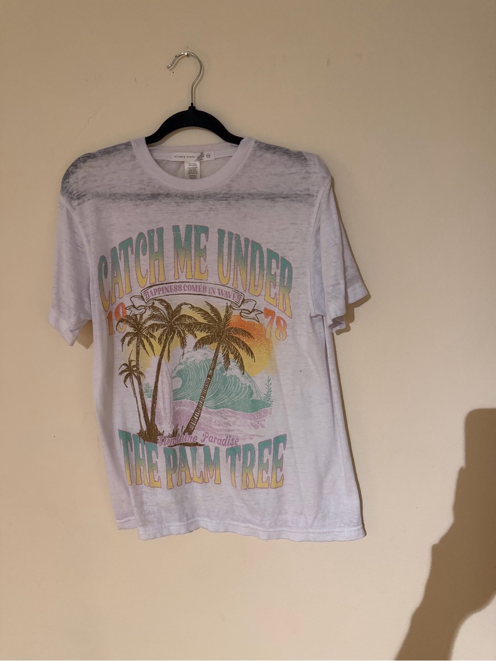 Altar'd State White Tee with Pastel Palm & Wave Graphic
